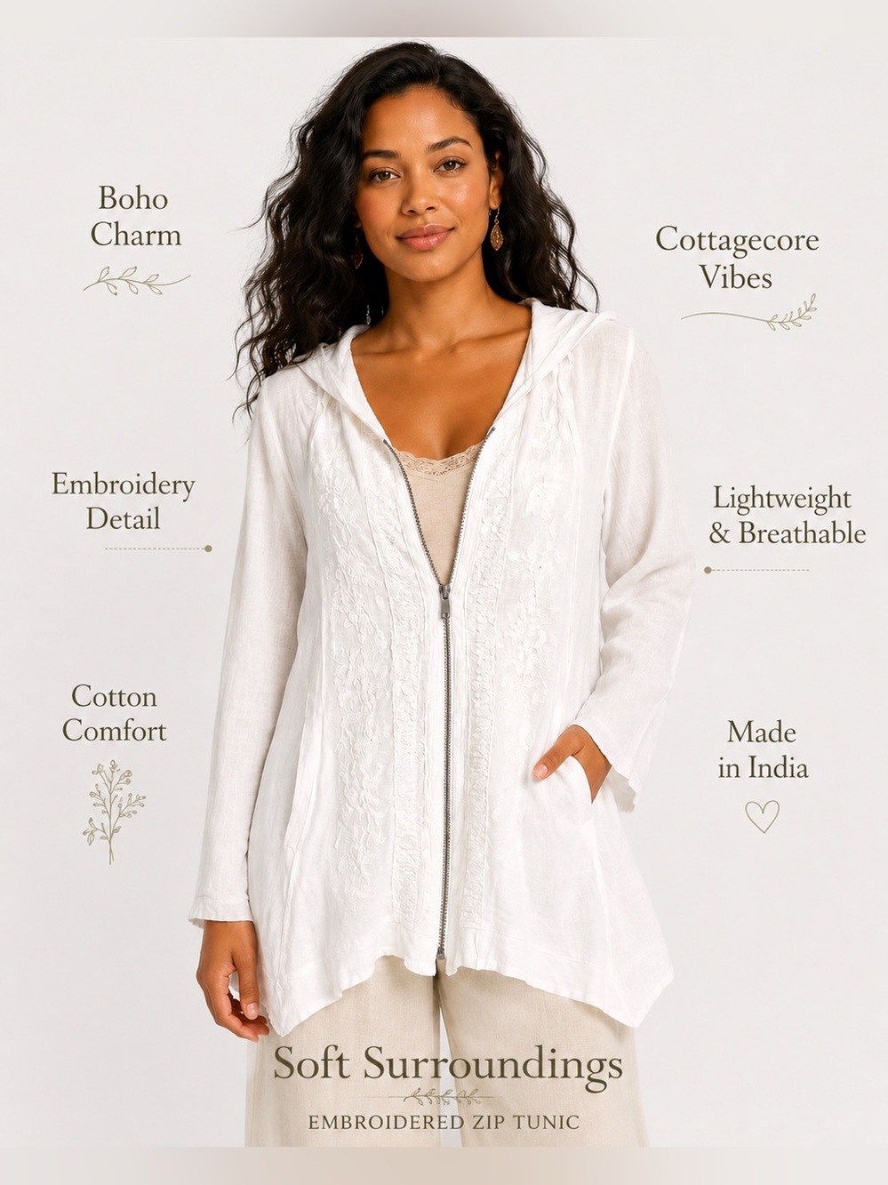 Soft Surroundings White Embroidered Cotton Hooded Tunic Jacket Boho Cottagecore